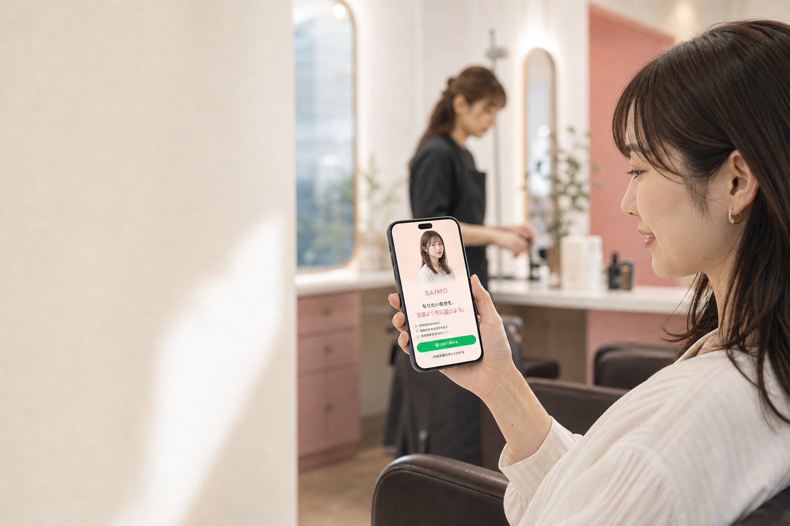 お客様がiPhoneでSAIMOのカウンセリング画面を開いている様子