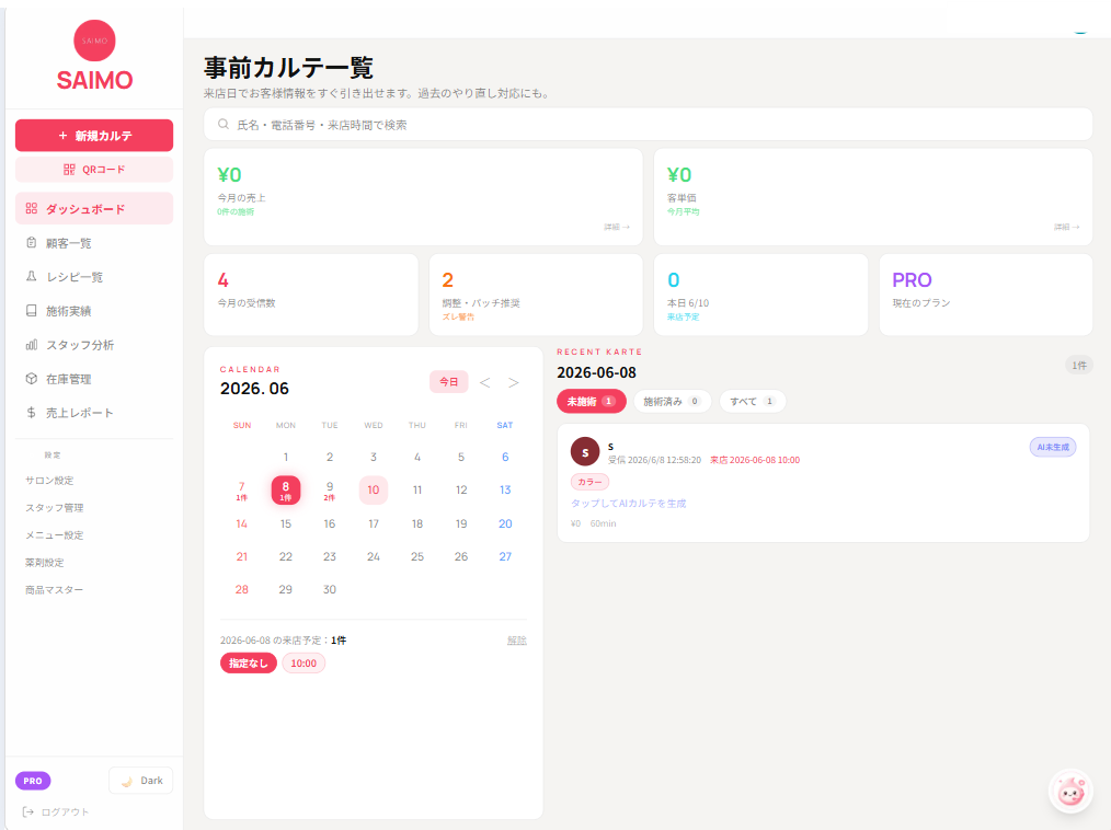 SAIMOのダッシュボード画面